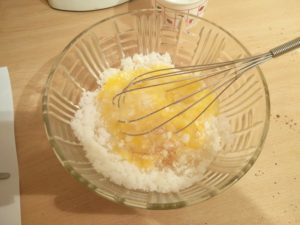 The eggs, sugar and vegetable shortening being mixed together