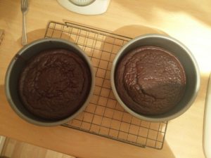 The baked cake pans on a cooling rack
