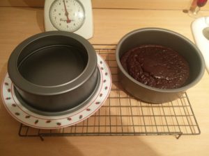 One of the cake pans turned over