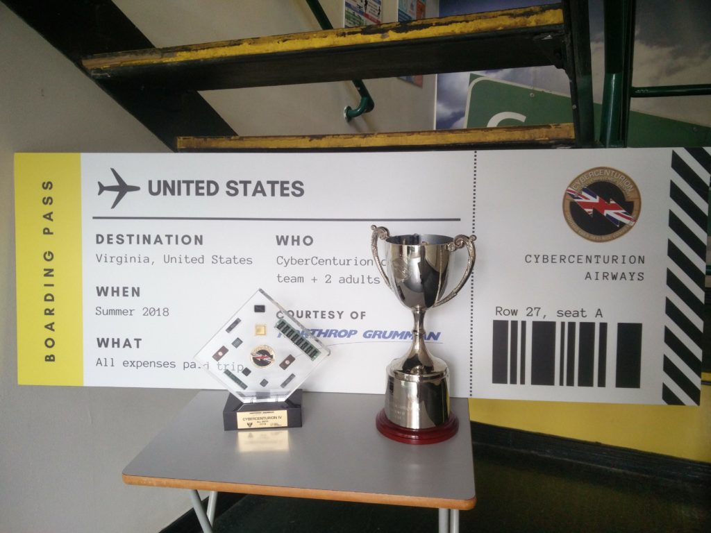 The trophies and ticket on temporary display in the school