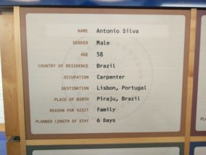 A sign showing various details about the character I picked