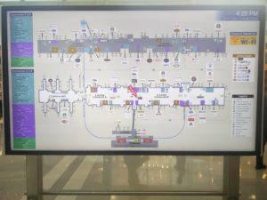 A map showing the length of the terminal building, along with the other buildings and train lines