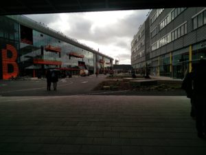 Outside the Plexal building, looking towards the Orbit sculpture in the background